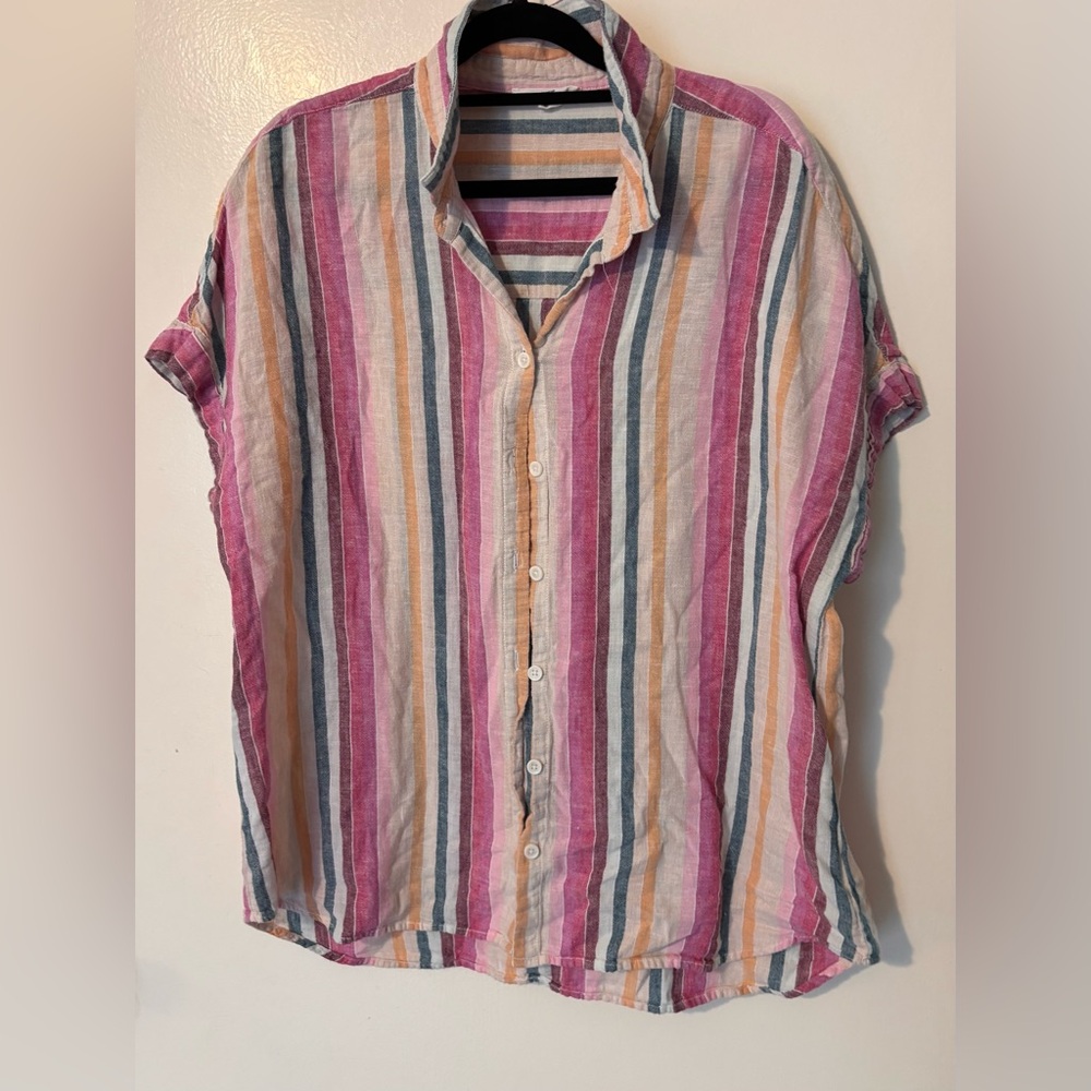 beachlunchlounge Striped Button-Down Shirt in Pink, Peach & Gray